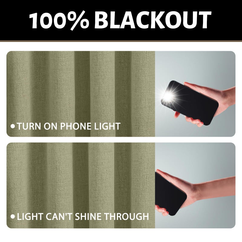 Yakamok Sage Green Linen Curtains 100% Blackout 63 Inches Long,Room Darkening Textured Curtains for Living Room Thermal Grommet Bedroom Curtains 2 Panels with Greyish White Liner - Image 2